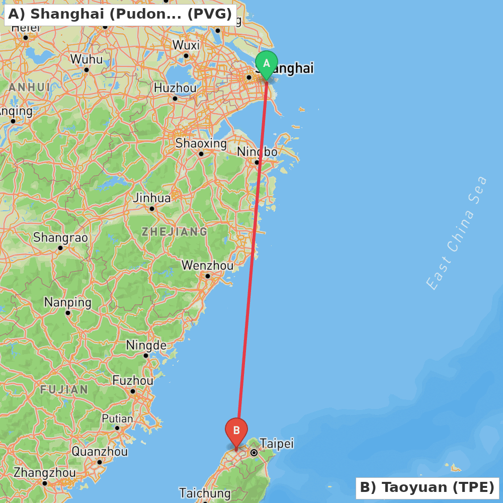 Flight route map from Shanghai (Pudong) to Taoyuan