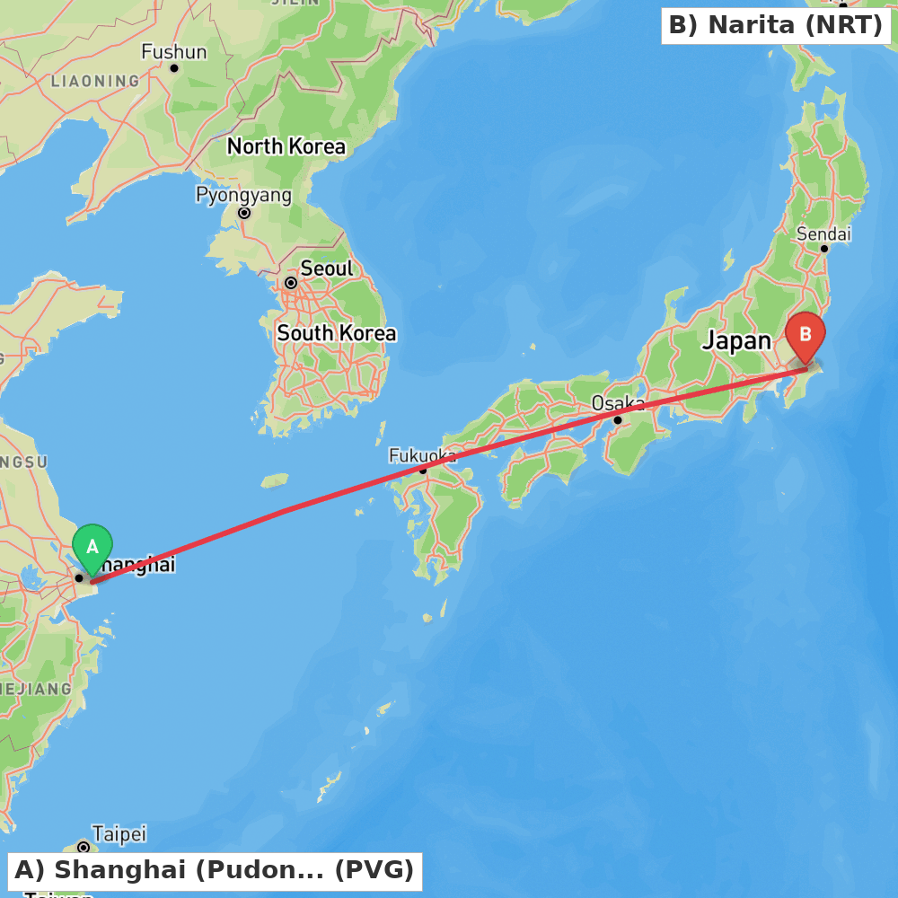 Flight route map from Shanghai (Pudong) to Narita
