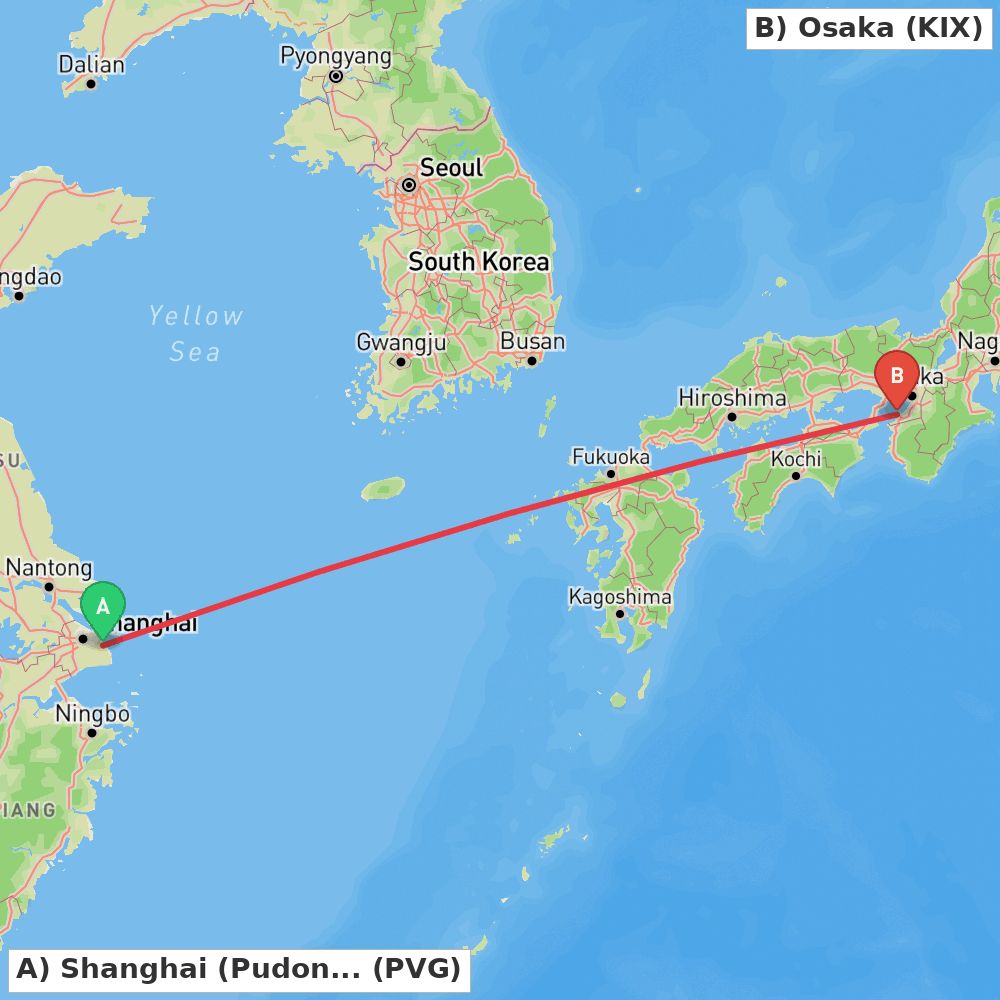Flight route map from Shanghai (Pudong) to Osaka