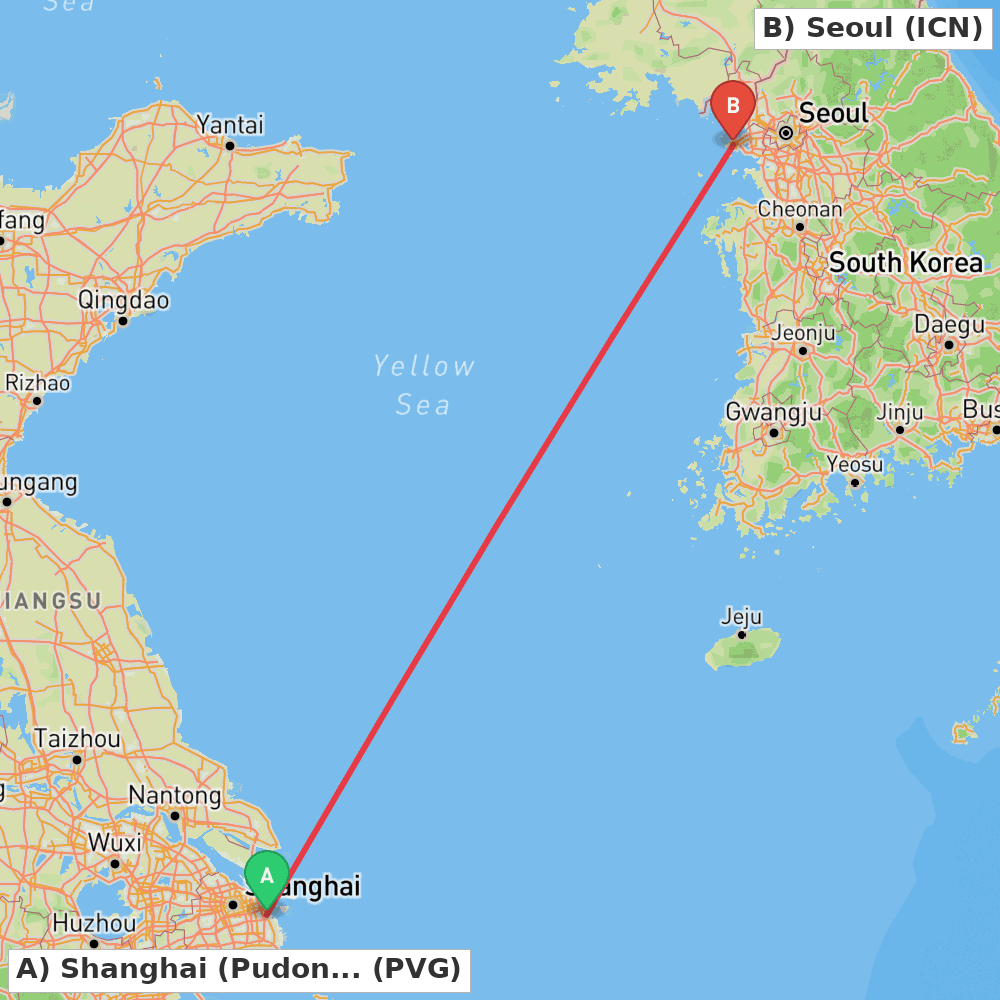 Flight route map from Shanghai (Pudong) to Seoul
