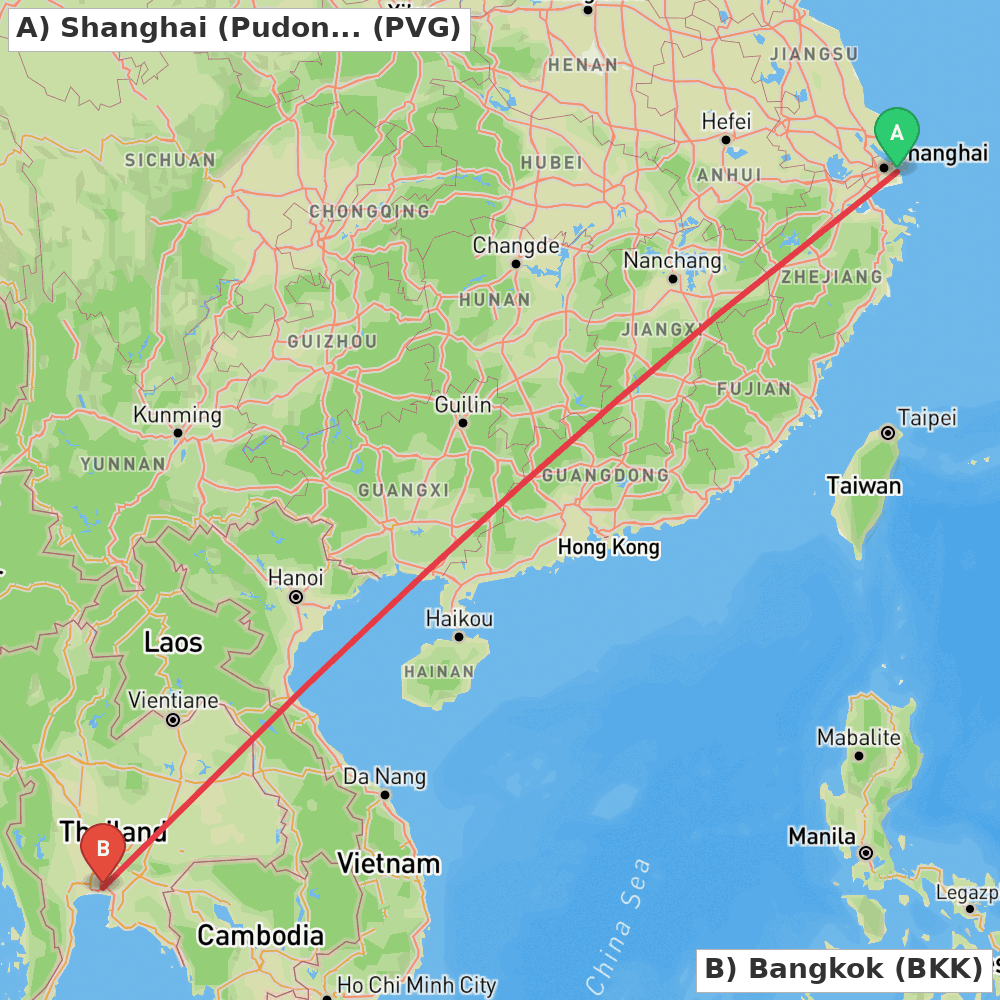 Flight route map from Shanghai (Pudong) to Bangkok
