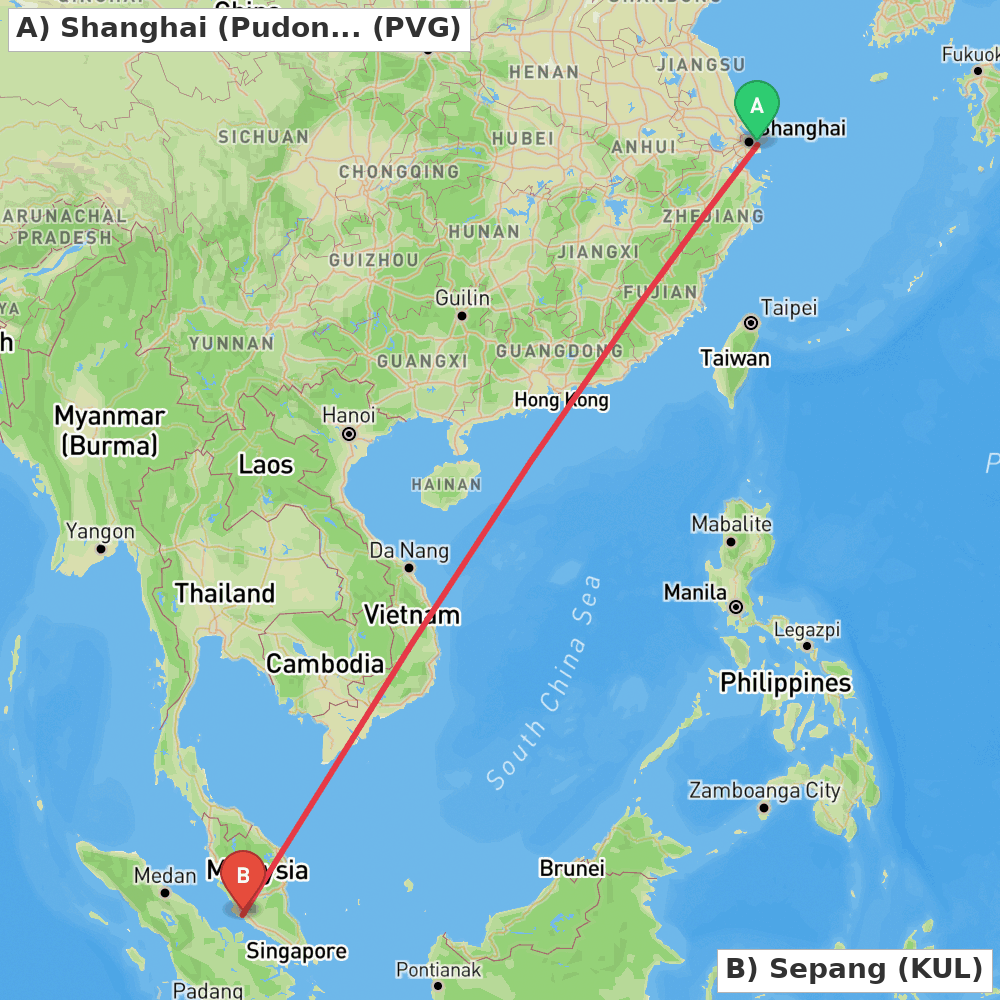 Flight route map from Shanghai (Pudong) to Sepang