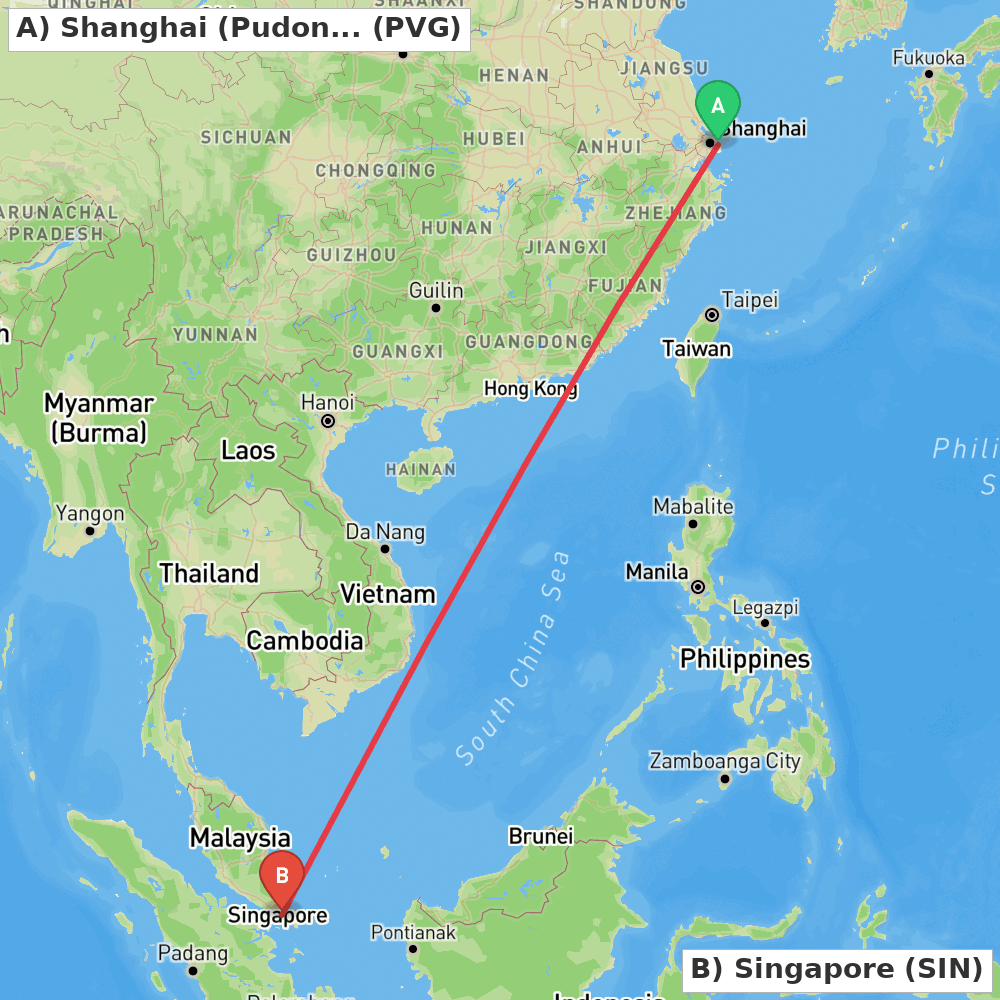 Flight route map from Shanghai (Pudong) to Singapore