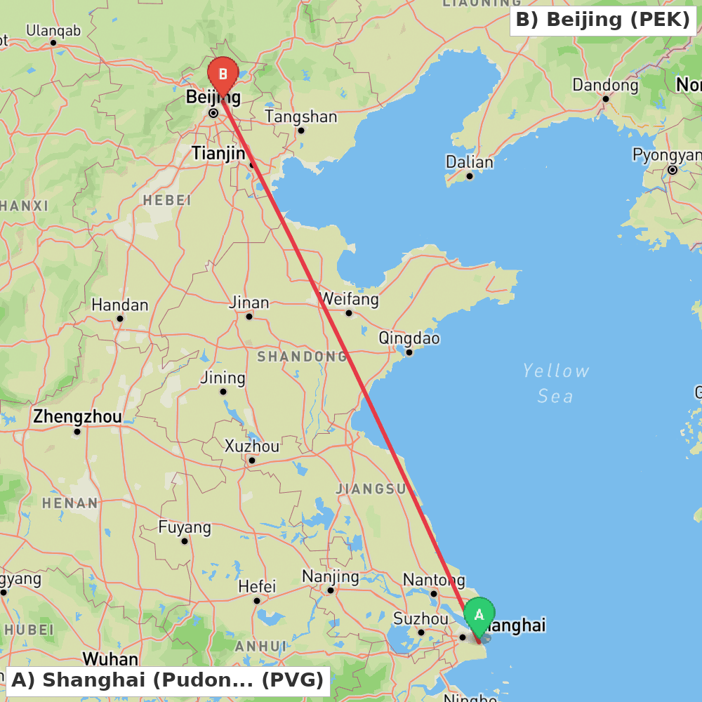 Flight route map from Shanghai (Pudong) to Beijing