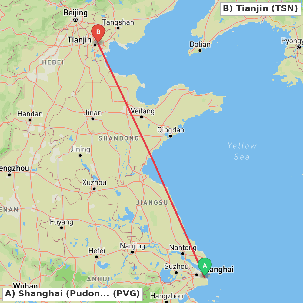 Flight route map from Shanghai (Pudong) to Tianjin