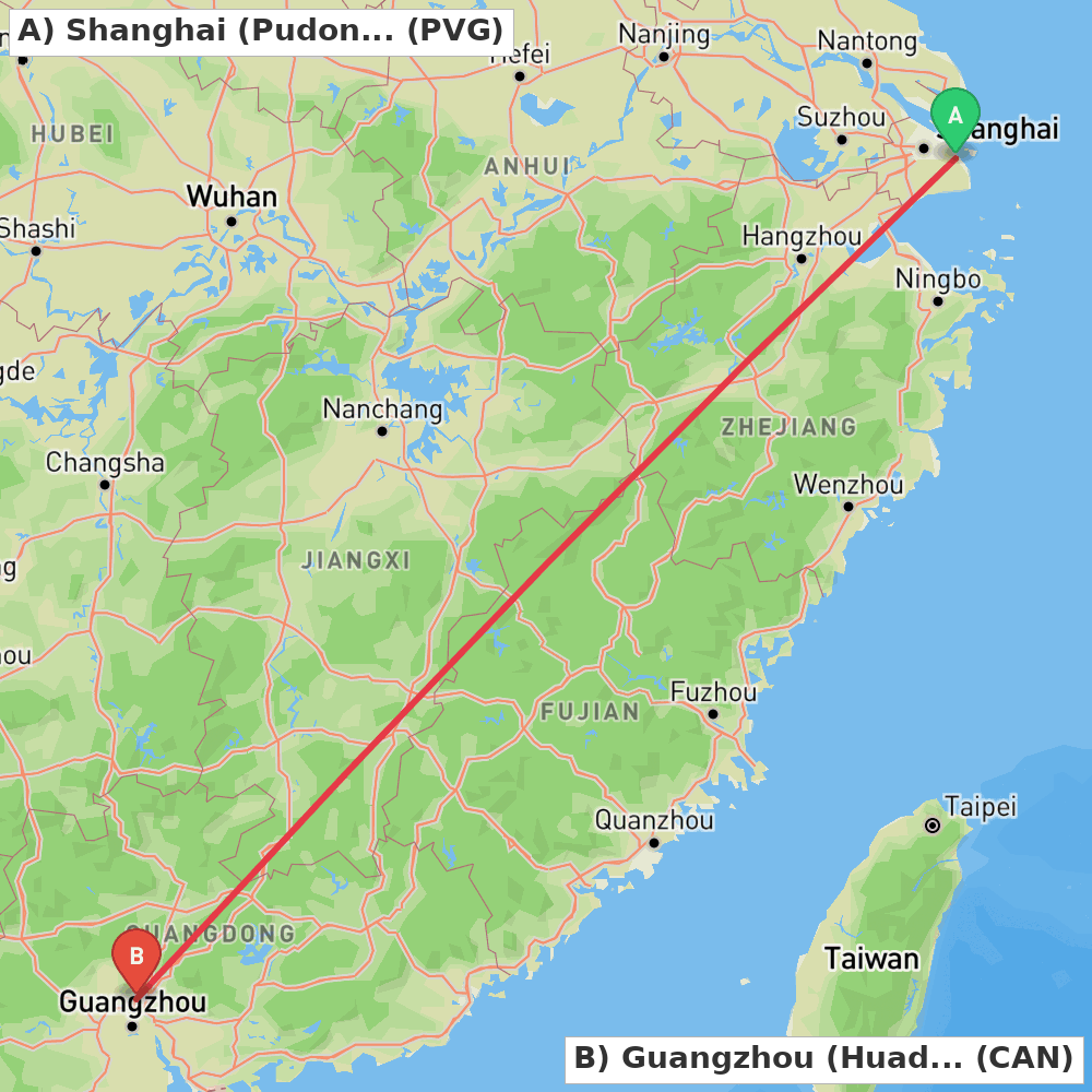 Flight route map from Shanghai (Pudong) to Guangzhou (Huadu)