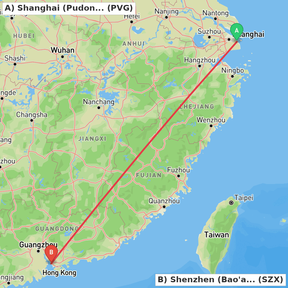 Flight route map from Shanghai (Pudong) to Shenzhen (Bao'an)