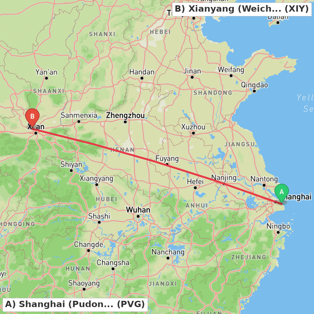 Flight route map from Shanghai (Pudong) to Xianyang (Weicheng)