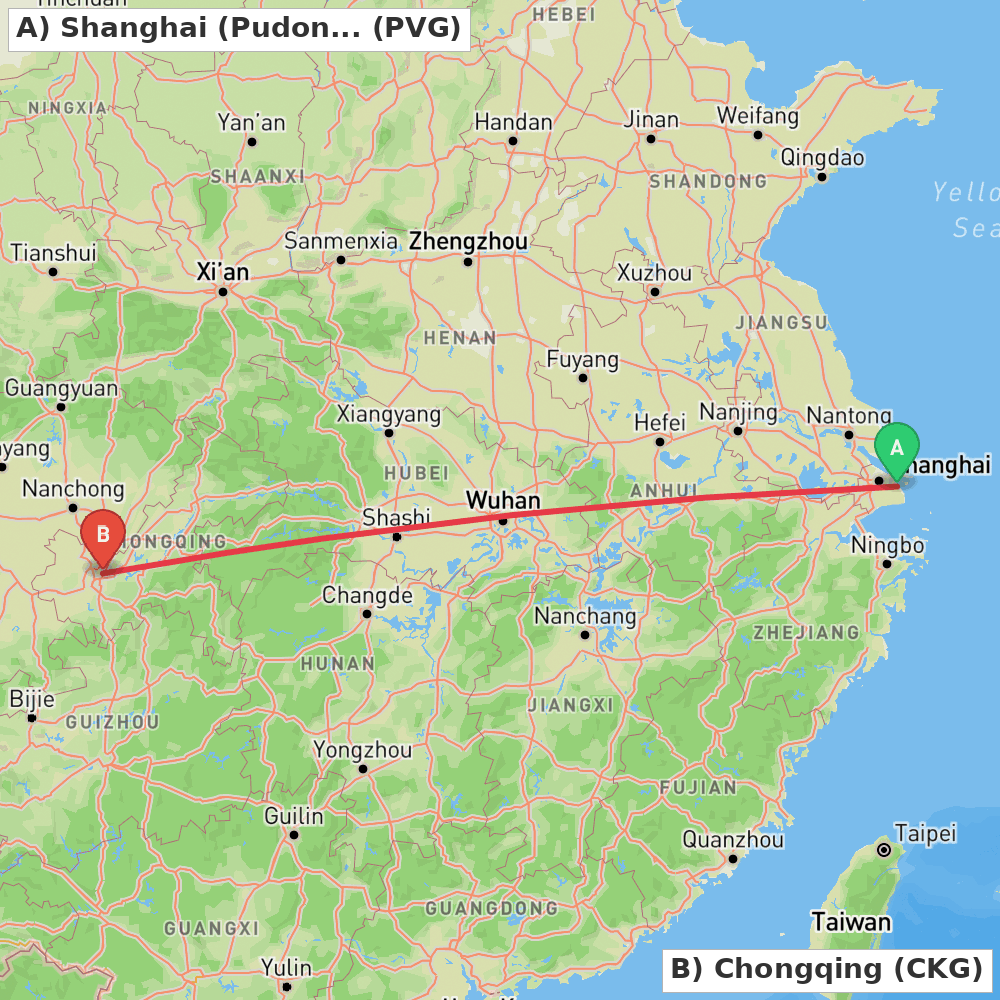 Flight route map from Shanghai (Pudong) to Chongqing