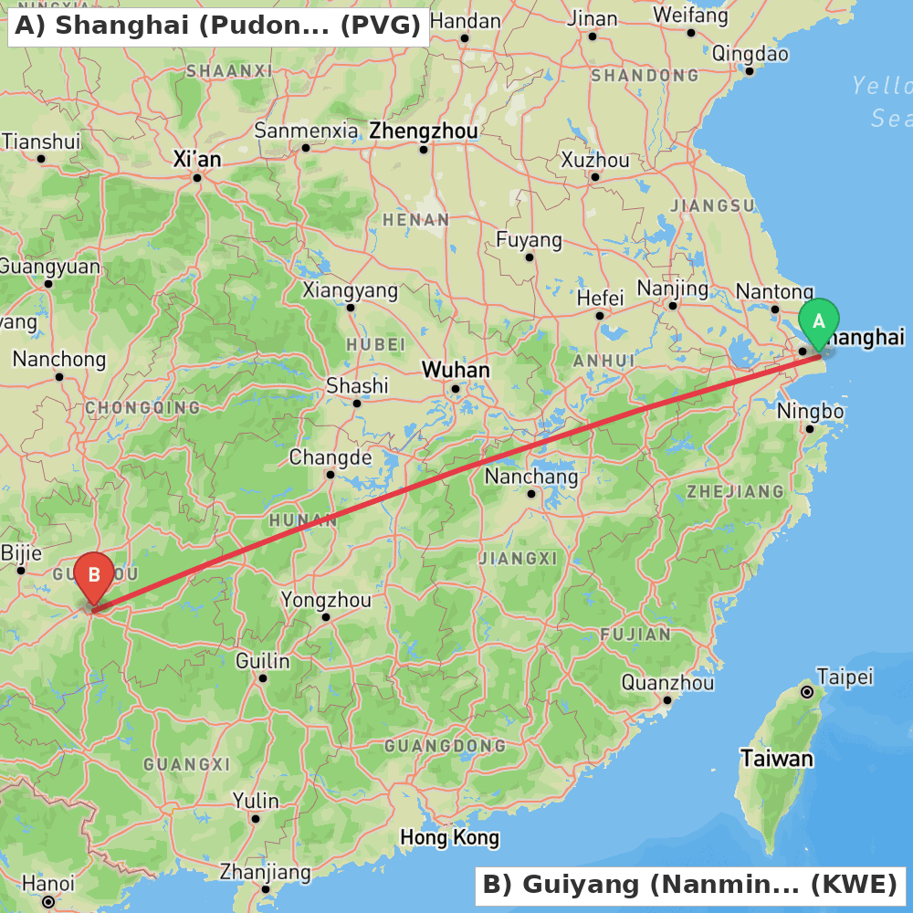 Flight route map from Shanghai (Pudong) to Guiyang (Nanming)