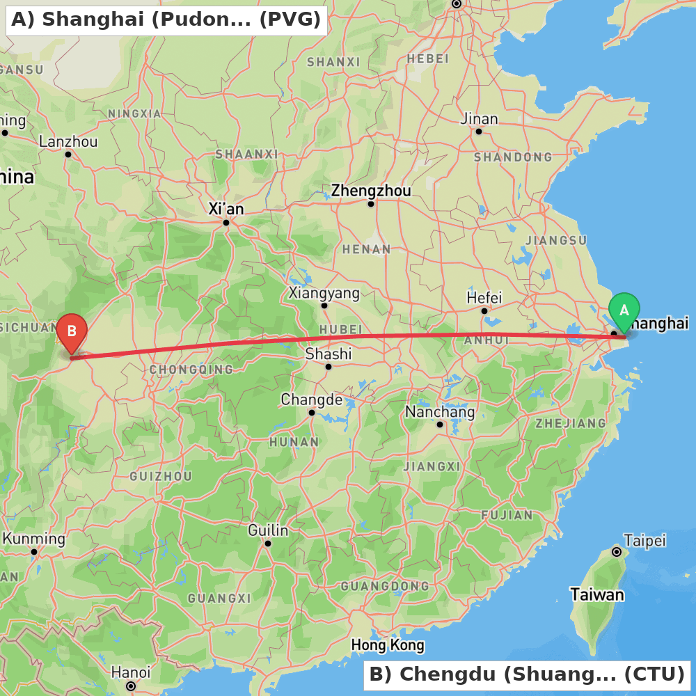 Flight route map from Shanghai (Pudong) to Chengdu (Shuangliu)