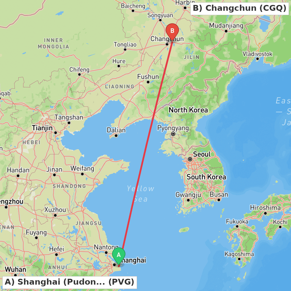 Flight route map from Shanghai (Pudong) to Changchun