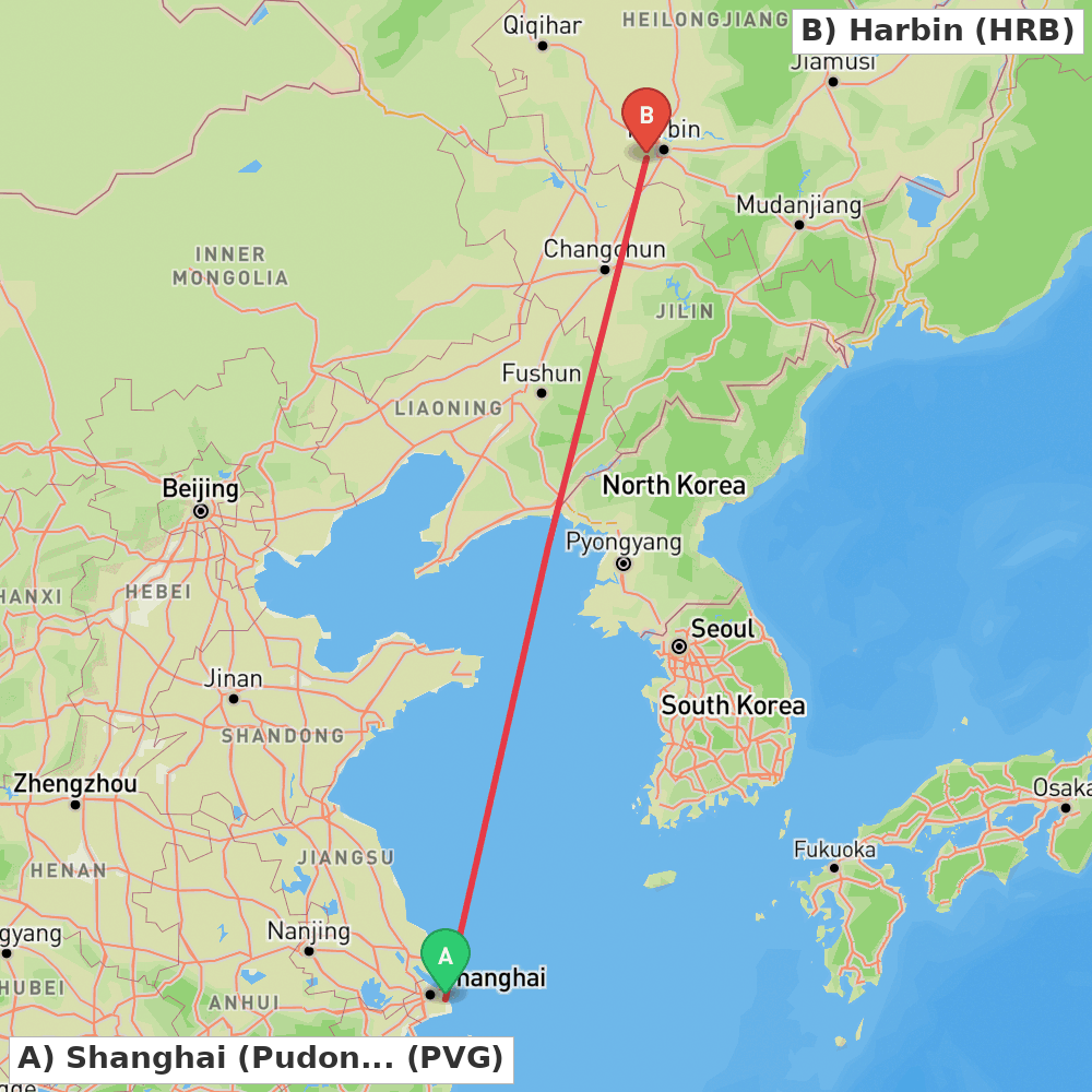 Flight route map from Shanghai (Pudong) to Harbin