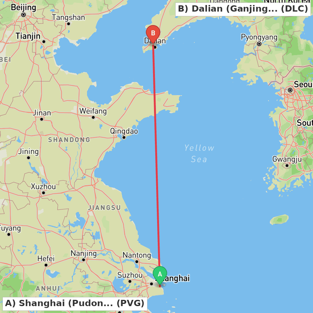 Flight route map from Shanghai (Pudong) to Dalian (Ganjingzi)
