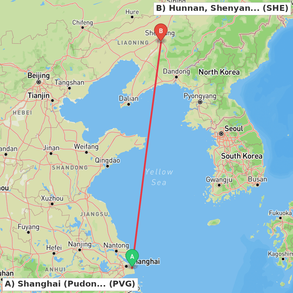 Flight route map from Shanghai (Pudong) to Hunnan, Shenyang