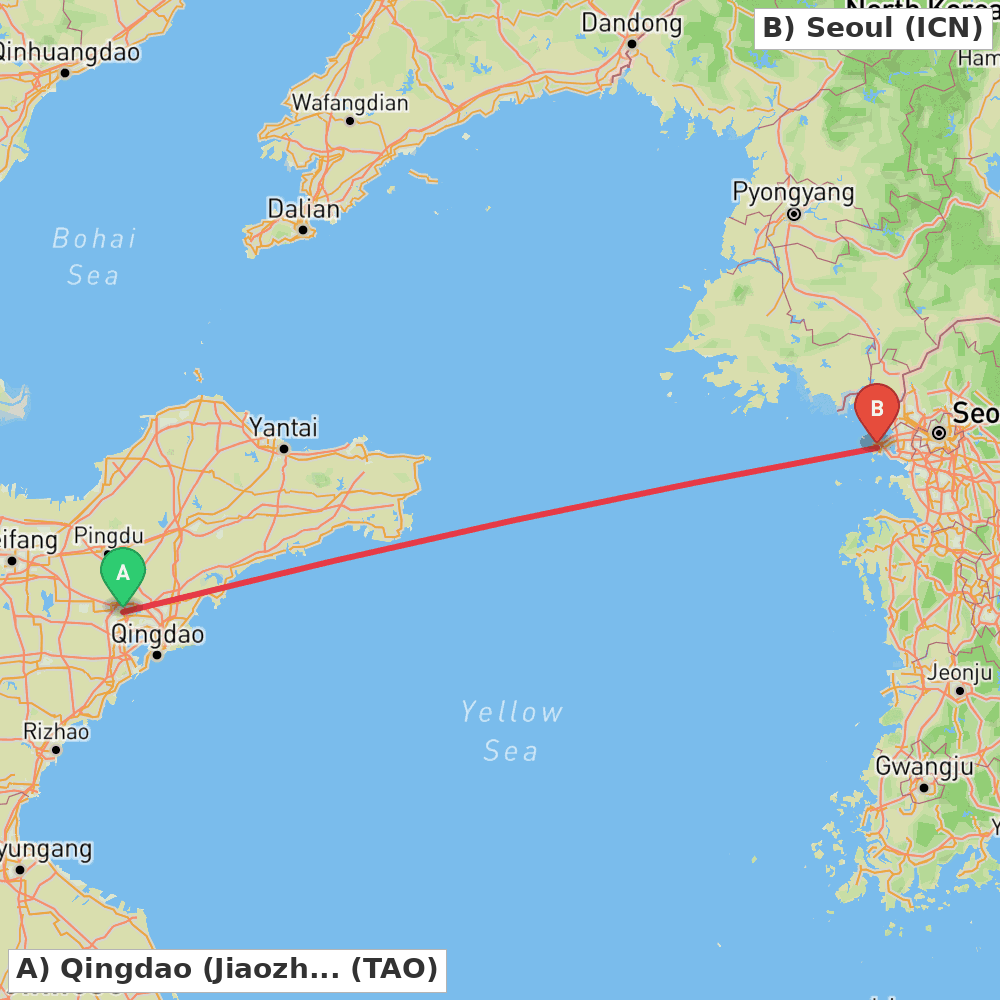 Flight route map from Qingdao (Jiaozhou) to Seoul