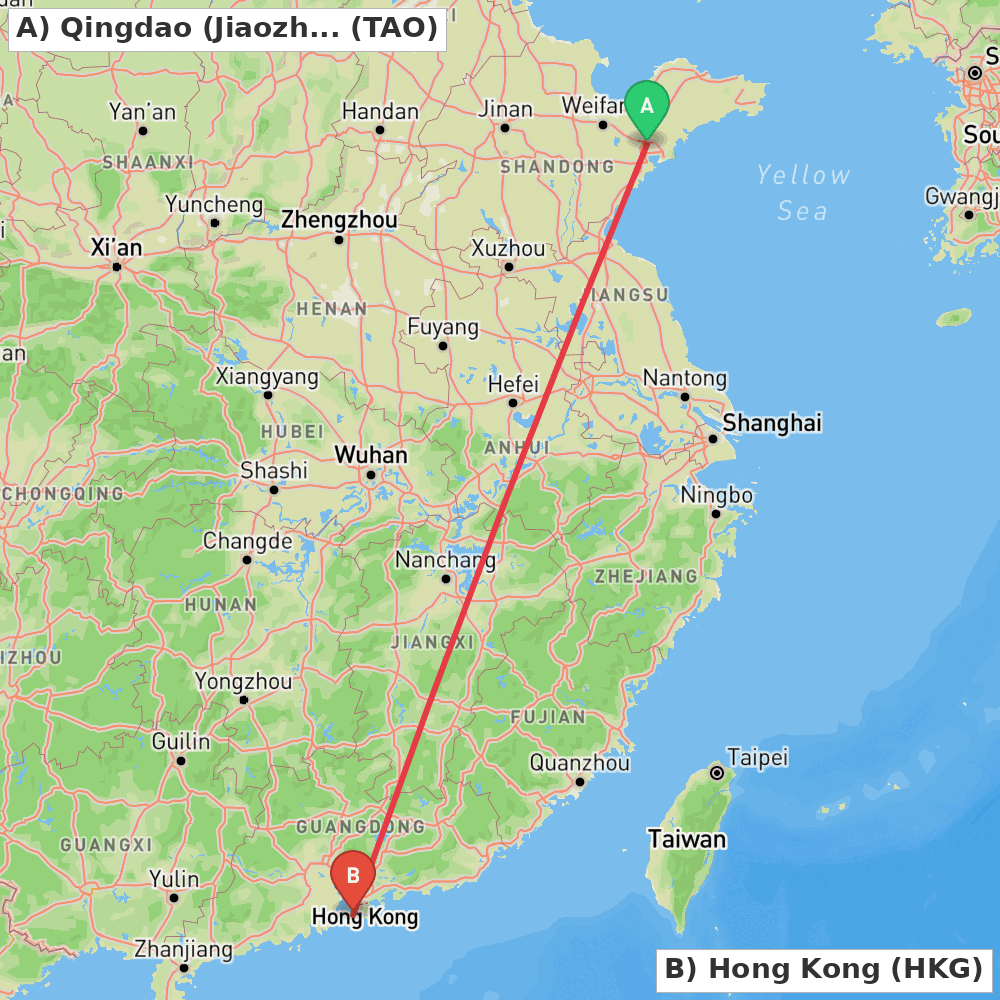 Flight route map from Qingdao (Jiaozhou) to Hong Kong