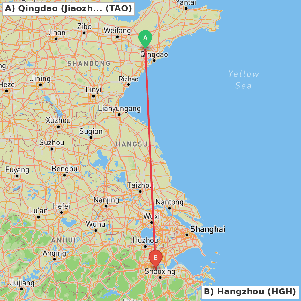 Flight route map from Qingdao (Jiaozhou) to Hangzhou