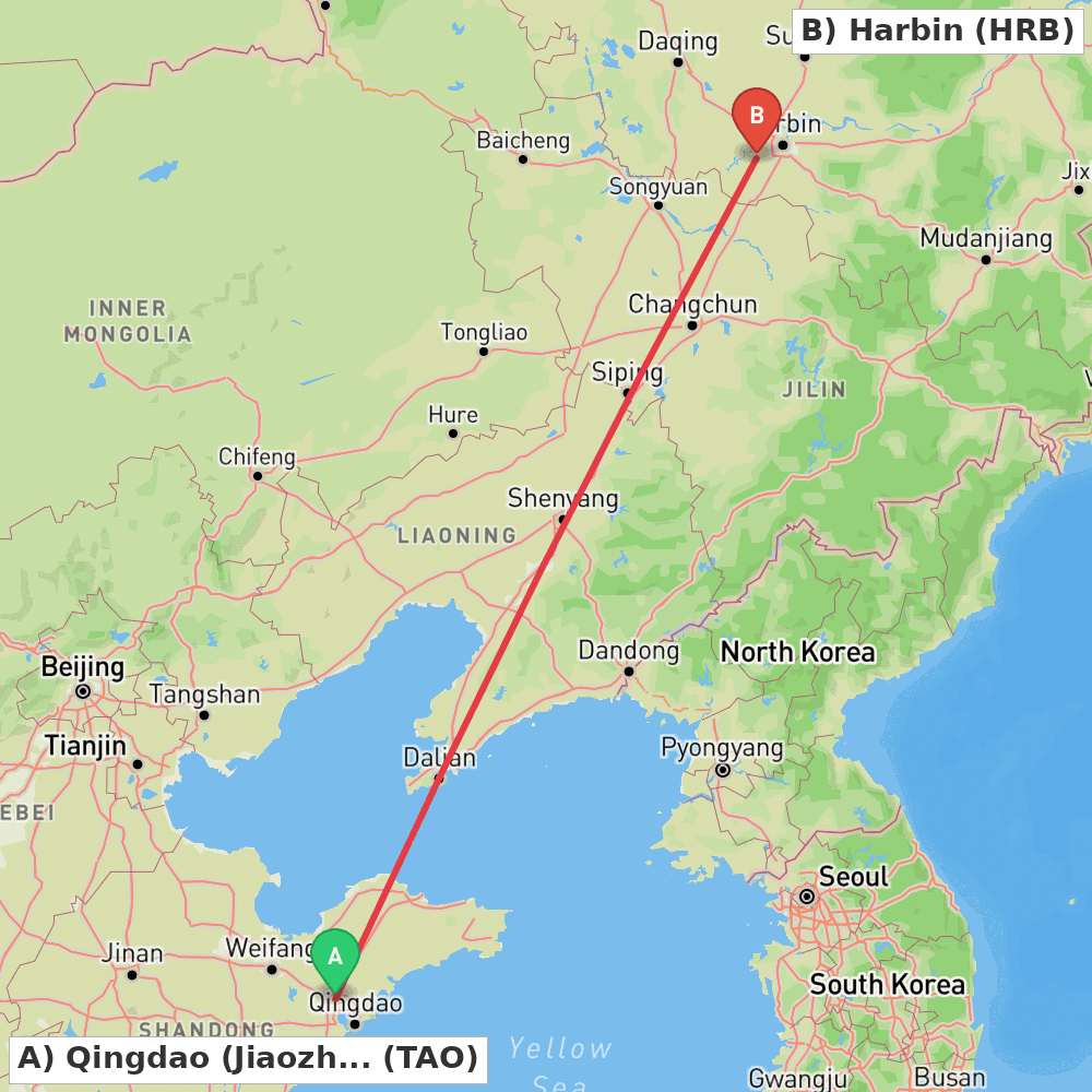 Flight route map from Qingdao (Jiaozhou) to Harbin
