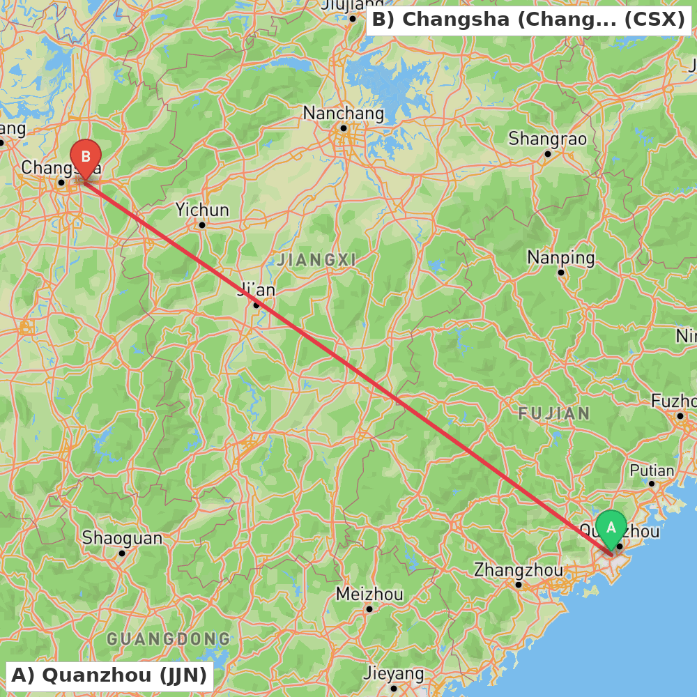 Flight route map from Quanzhou to Changsha (Changsha)