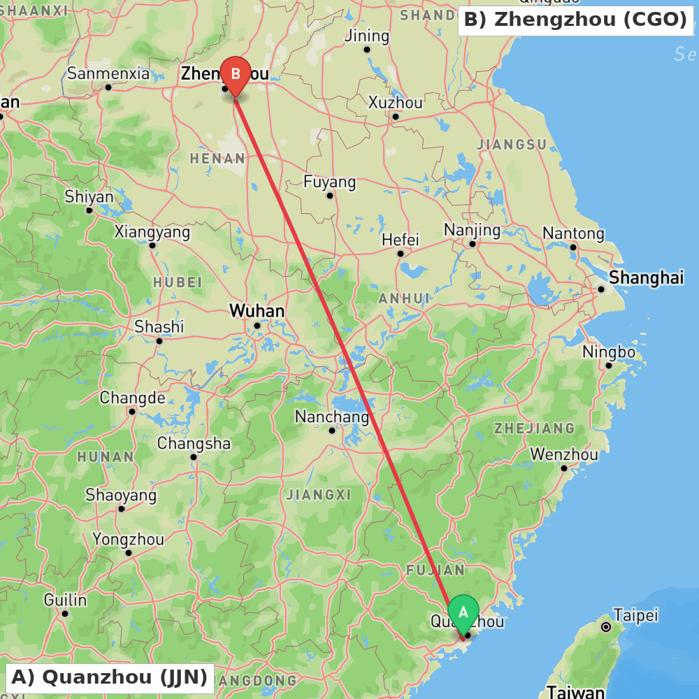 Flight route map from Quanzhou to Zhengzhou