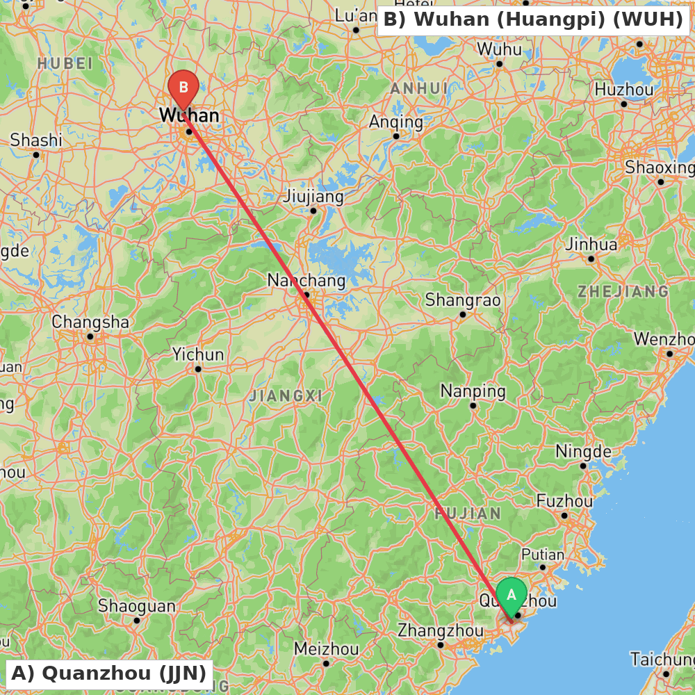 Flight route map from Quanzhou to Wuhan (Huangpi)