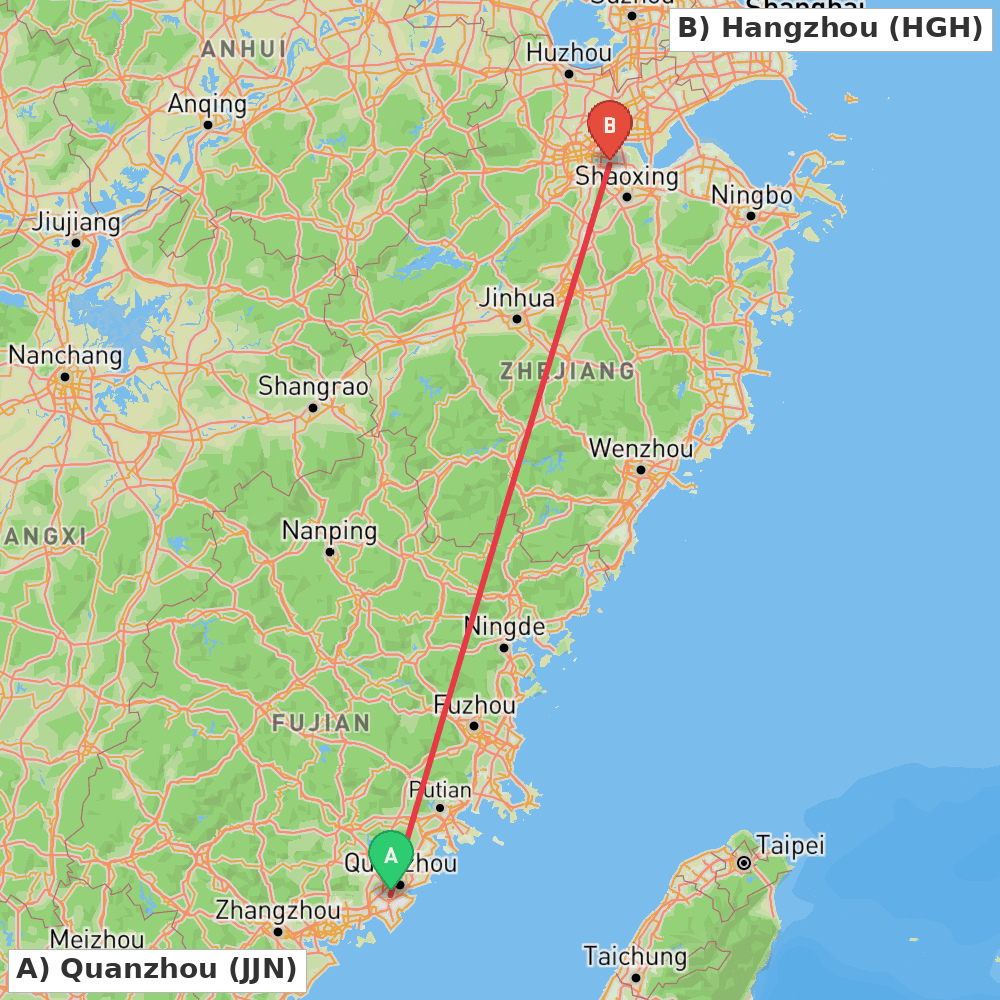 Flight route map from Quanzhou to Hangzhou
