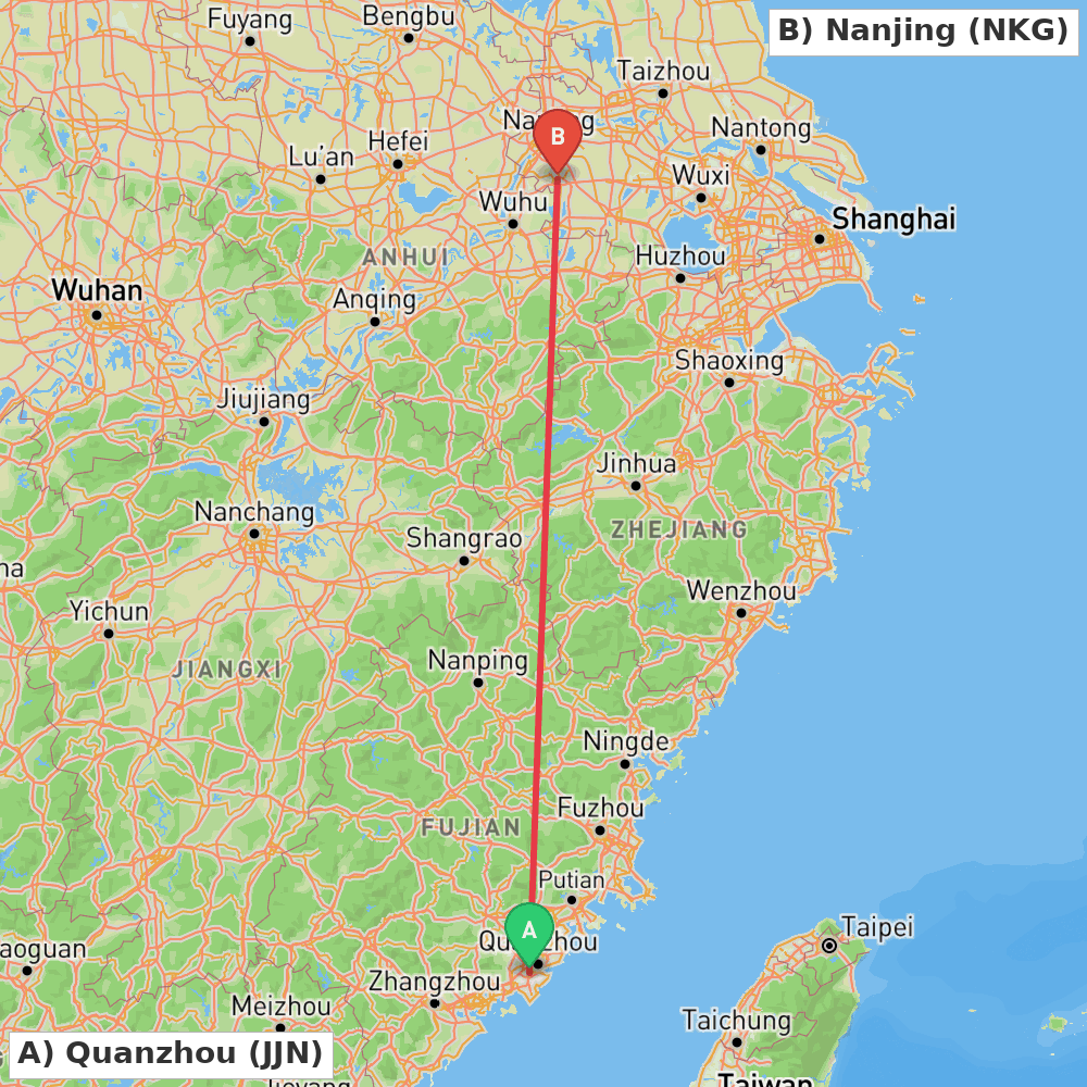 Flight route map from Quanzhou to Nanjing