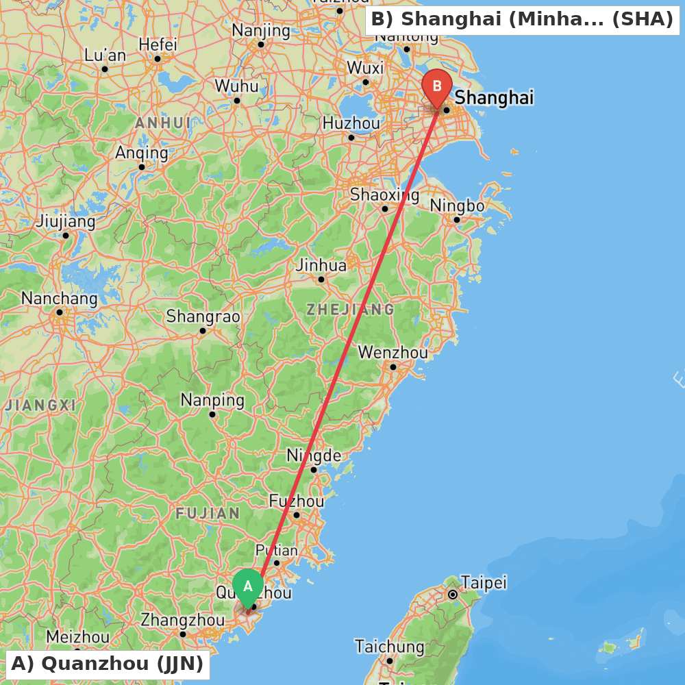 Flight route map from Quanzhou to Shanghai (Minhang)