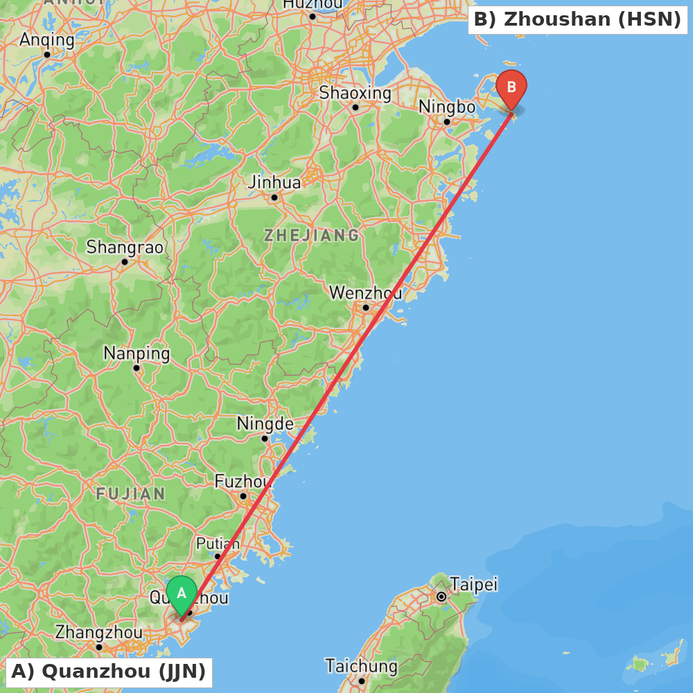 Flight route map from Quanzhou to Zhoushan