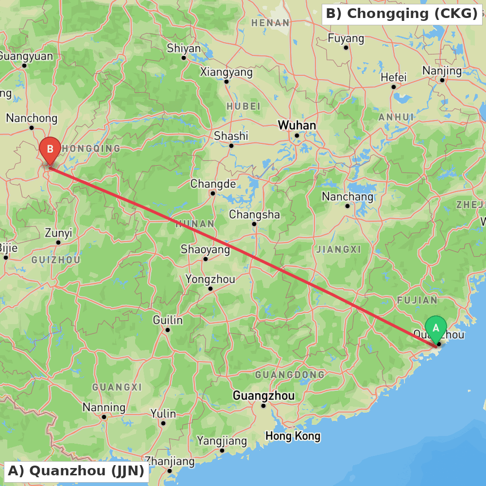 Flight route map from Quanzhou to Chongqing