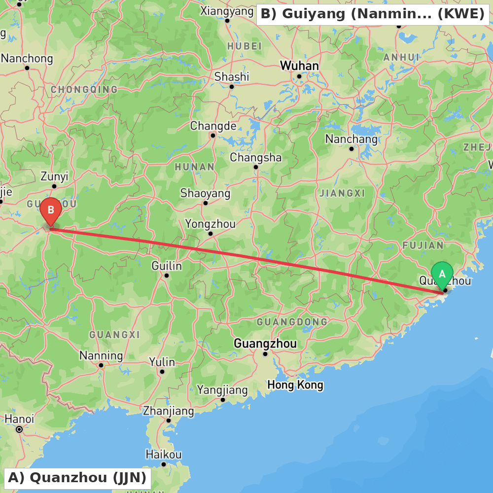 Flight route map from Quanzhou to Guiyang (Nanming)