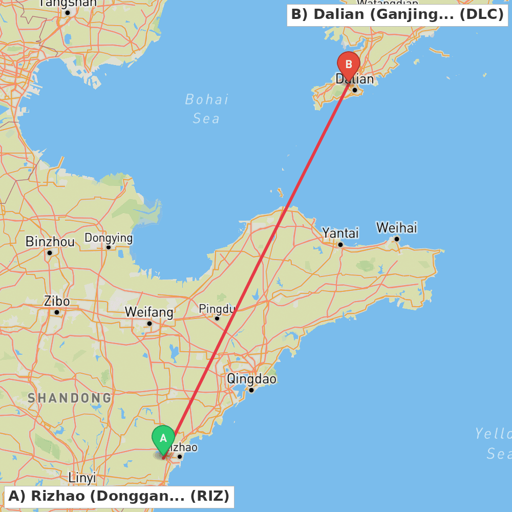 Flight route map from Rizhao (Donggang) to Dalian (Ganjingzi)
