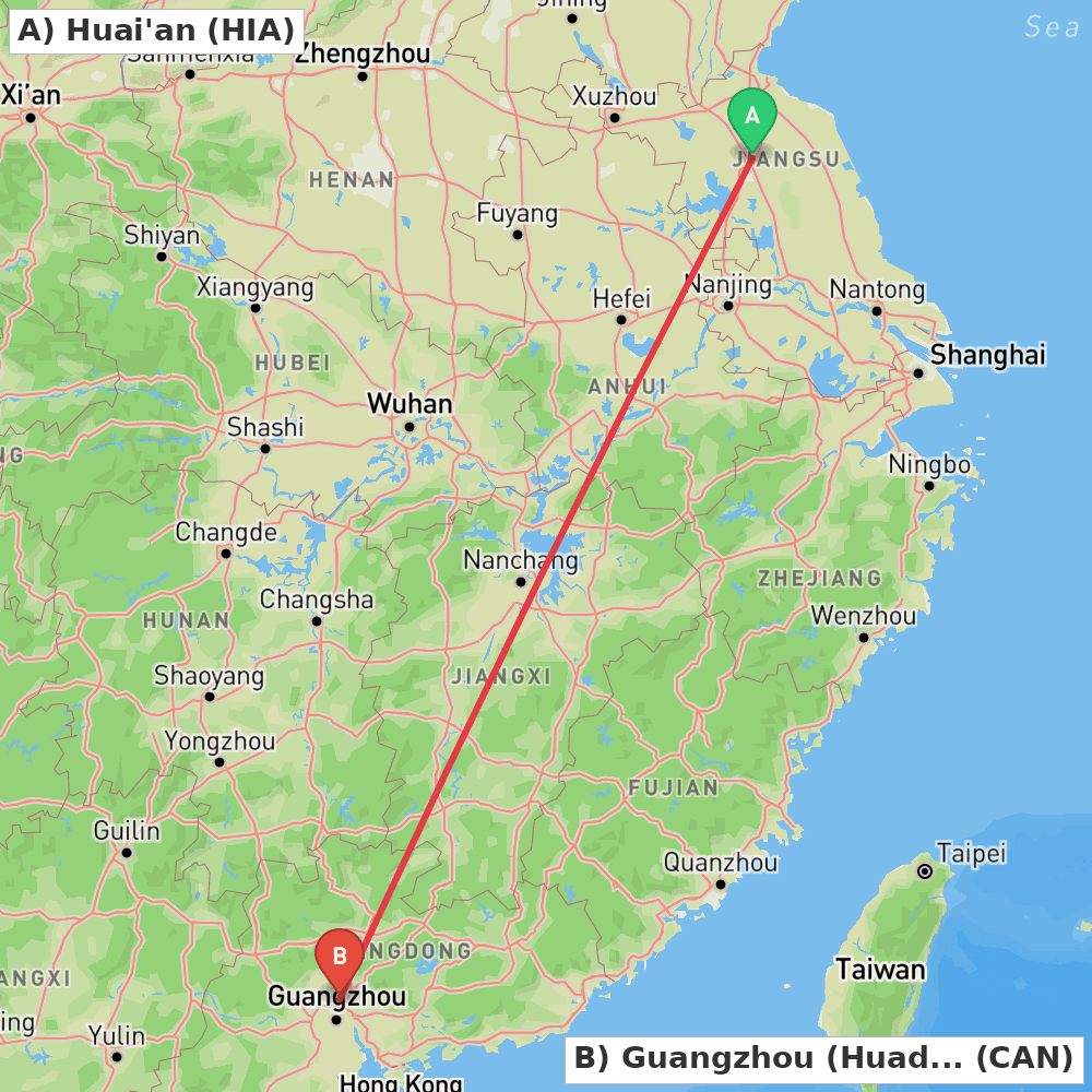 Flight route map from Huai'an to Guangzhou (Huadu)