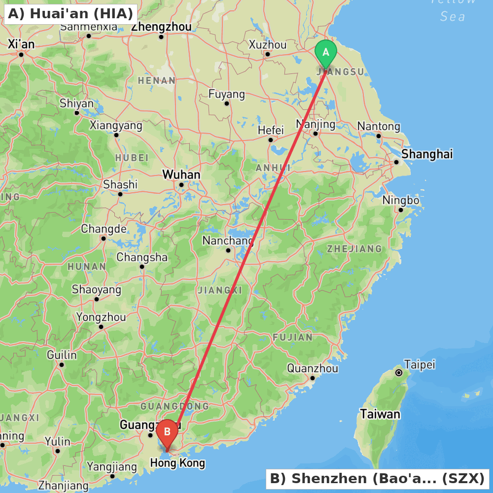 Flight route map from Huai'an to Shenzhen (Bao'an)