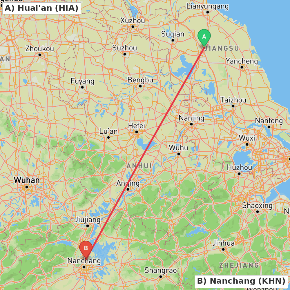Flight route map from Huai'an to Nanchang