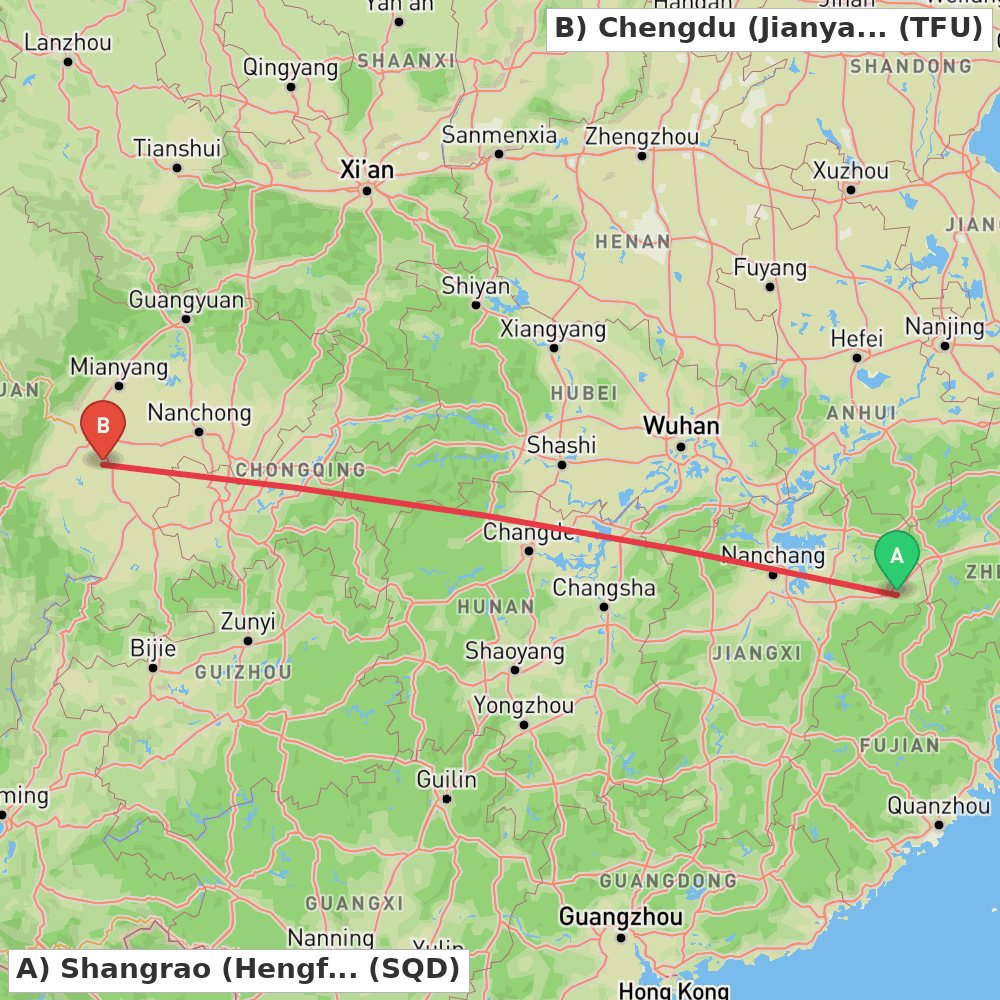 Flight route map from Shangrao (Hengfeng) to Chengdu (Jianyang)
