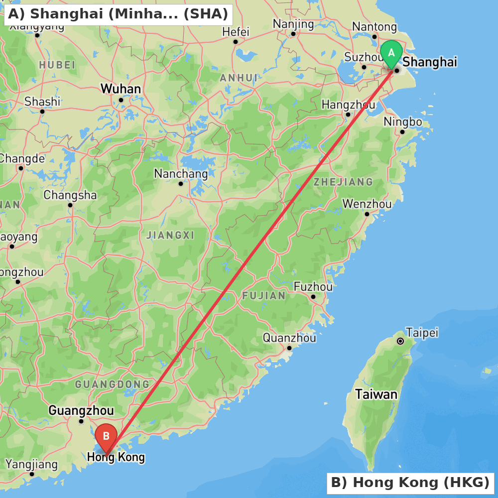 Flight route map from Shanghai (Minhang) to Hong Kong