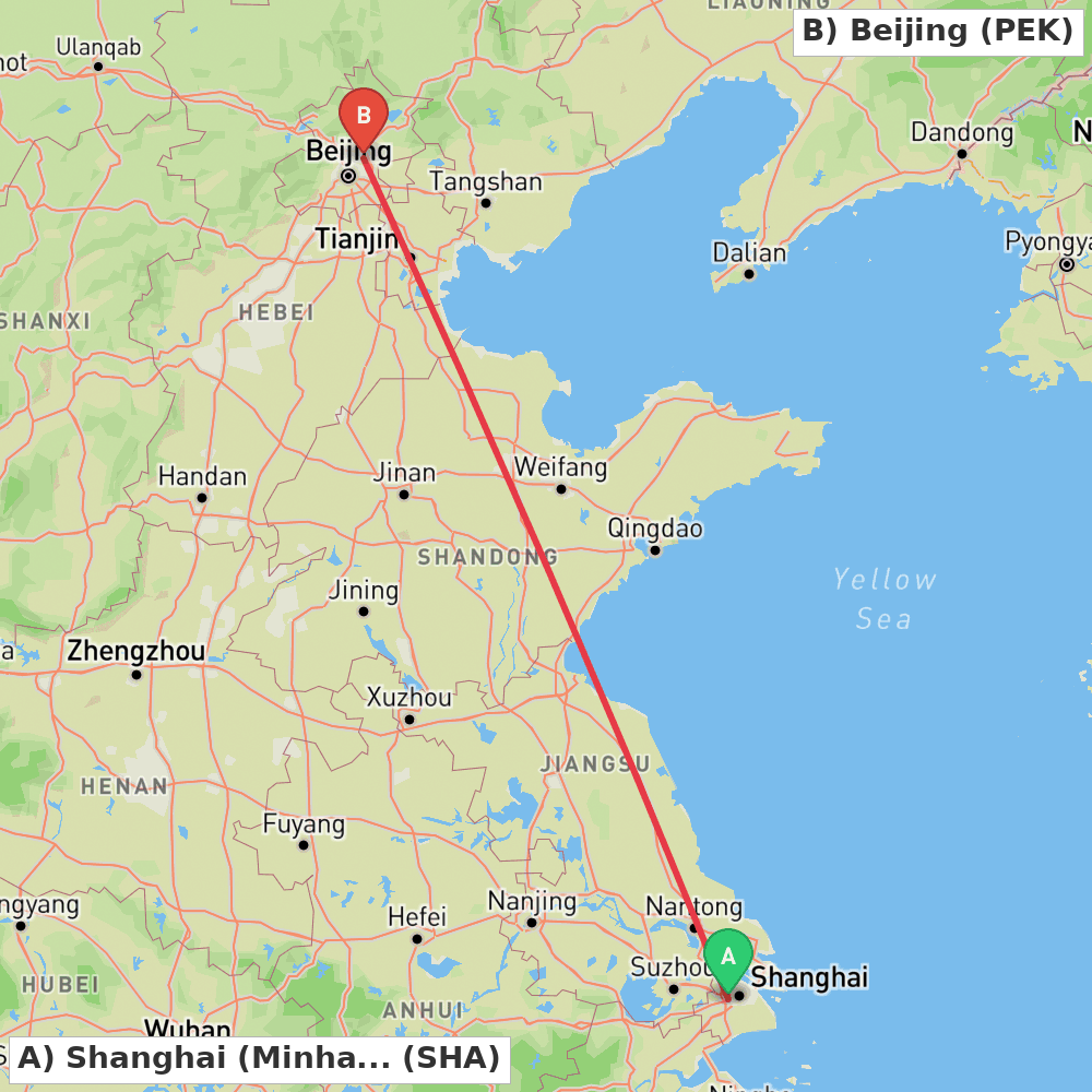 Flight route map from Shanghai (Minhang) to Beijing