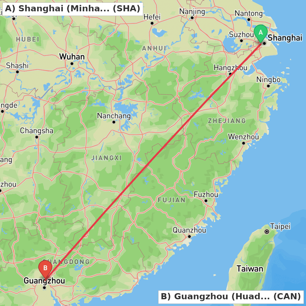 Flight route map from Shanghai (Minhang) to Guangzhou (Huadu)