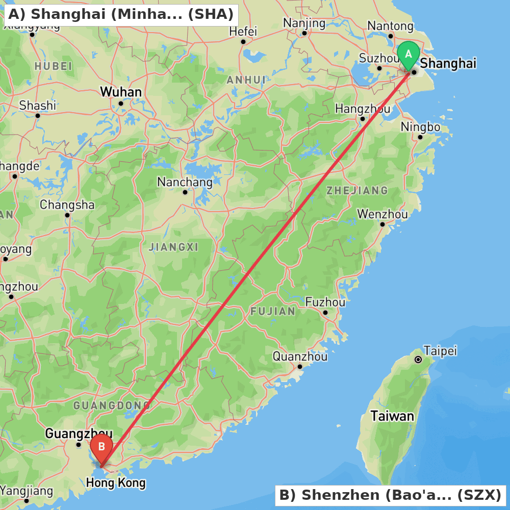 Flight route map from Shanghai (Minhang) to Shenzhen (Bao'an)