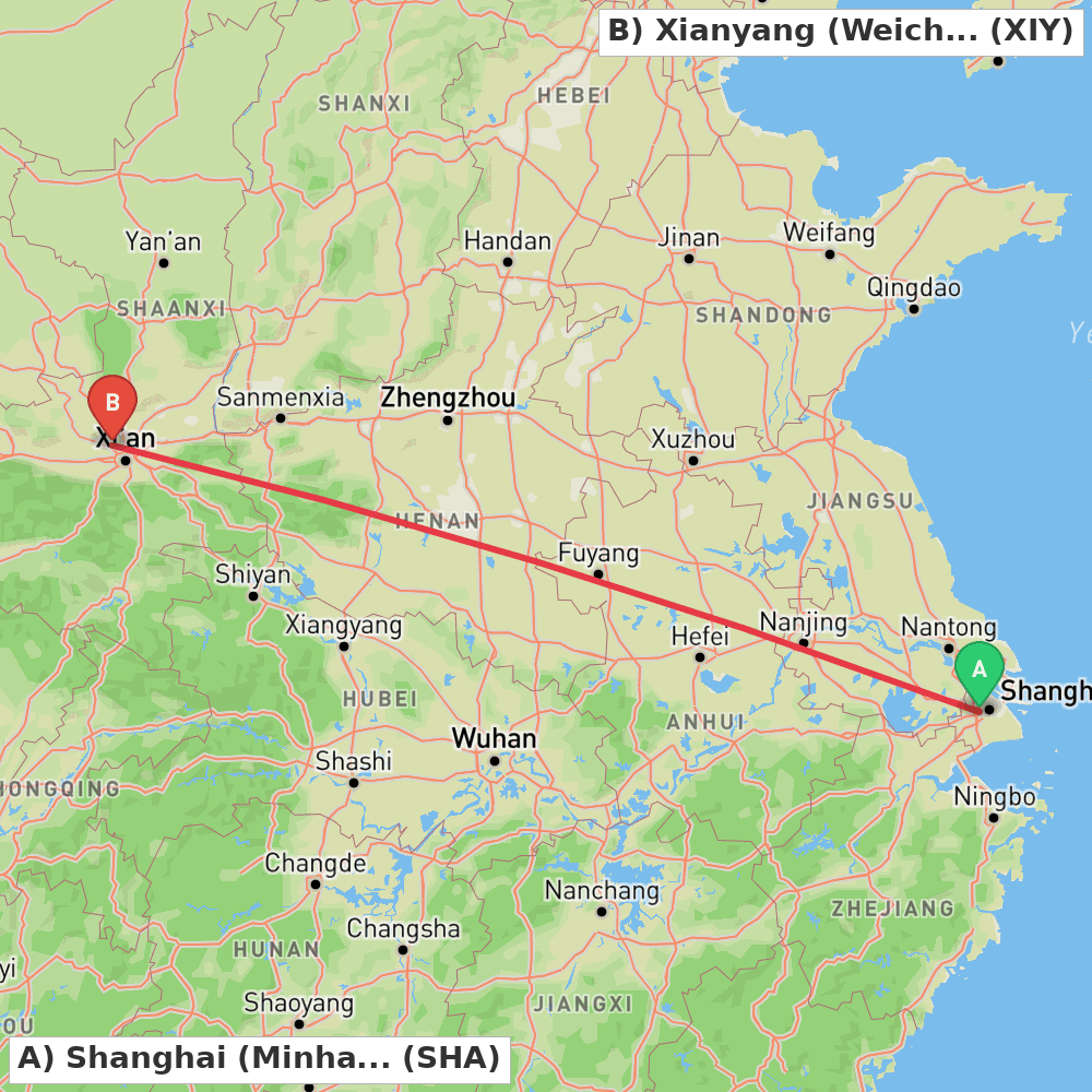 Flight route map from Shanghai (Minhang) to Xianyang (Weicheng)