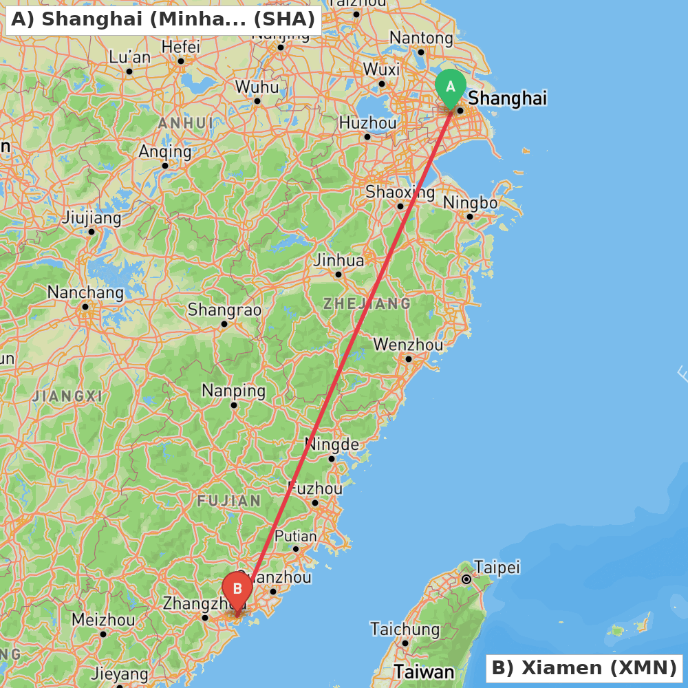 Flight route map from Shanghai (Minhang) to Xiamen