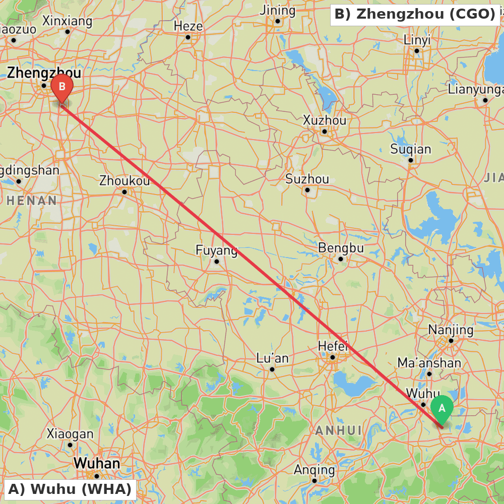 Flight route map from Wuhu to Zhengzhou