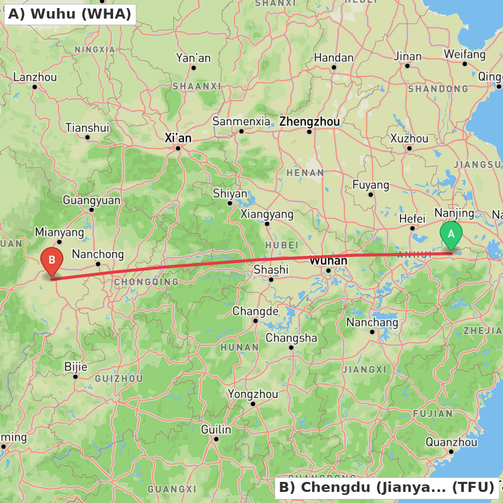 Flight route map from Wuhu to Chengdu (Jianyang)