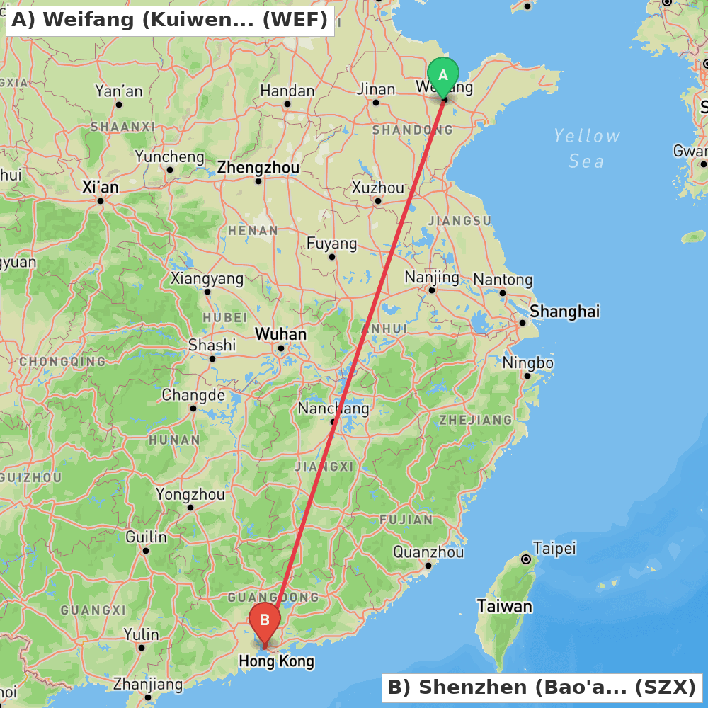 Flight route map from Weifang (Kuiwen) to Shenzhen (Bao'an)