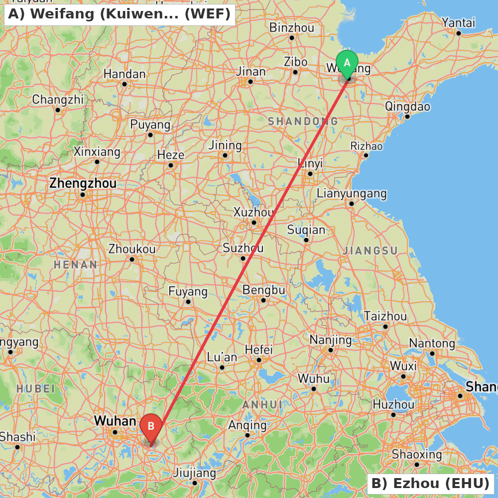 Flight route map from Weifang (Kuiwen) to Ezhou