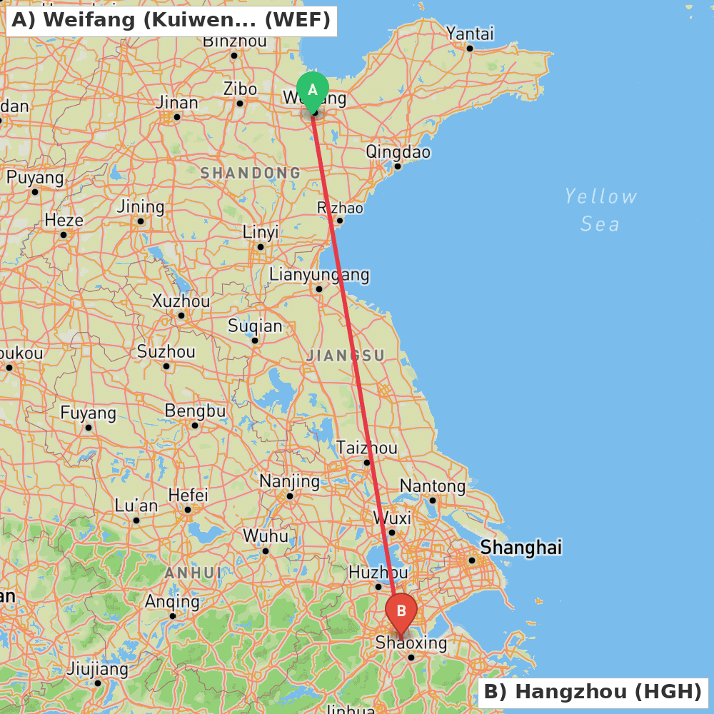 Flight route map from Weifang (Kuiwen) to Hangzhou