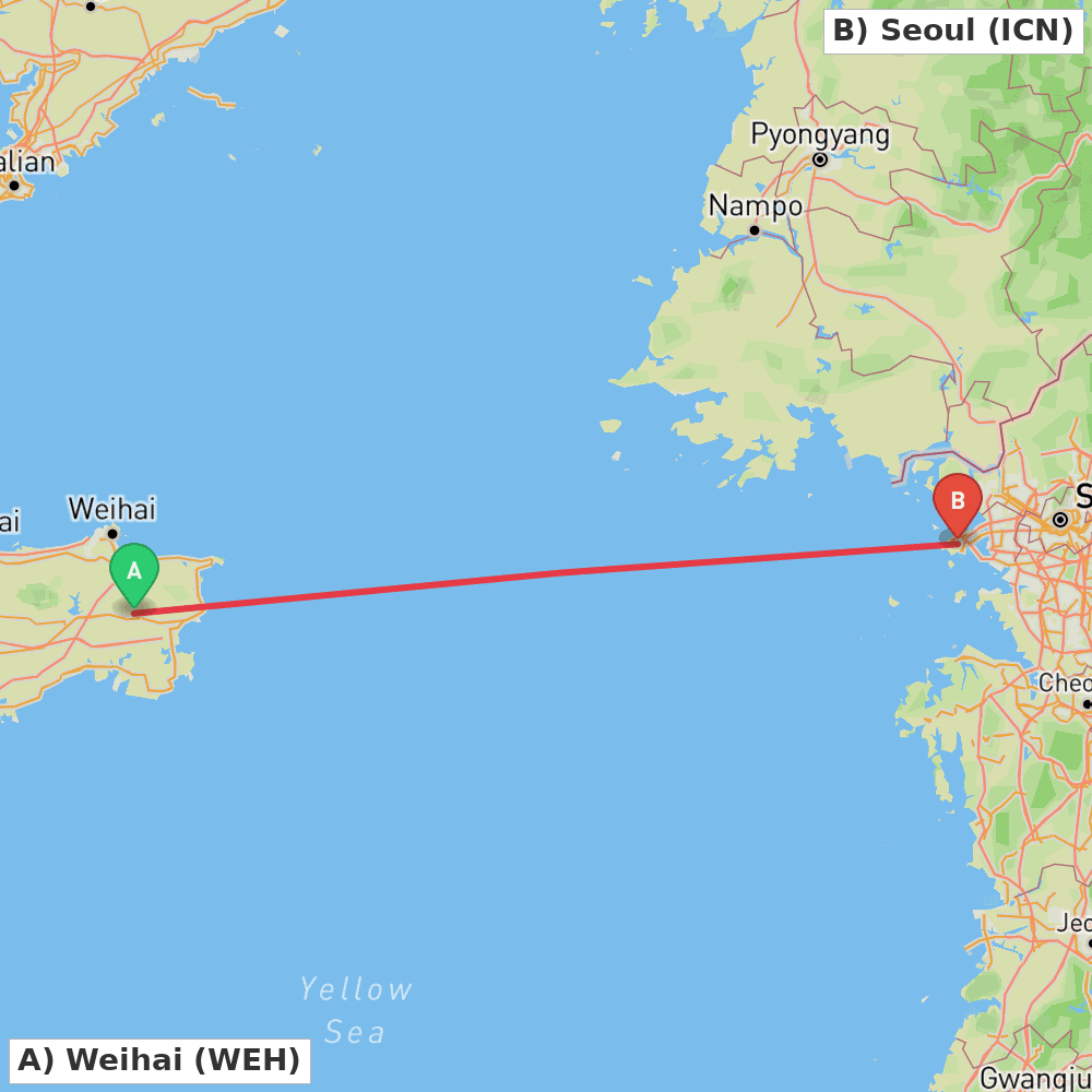 Flight route map from Weihai to Seoul