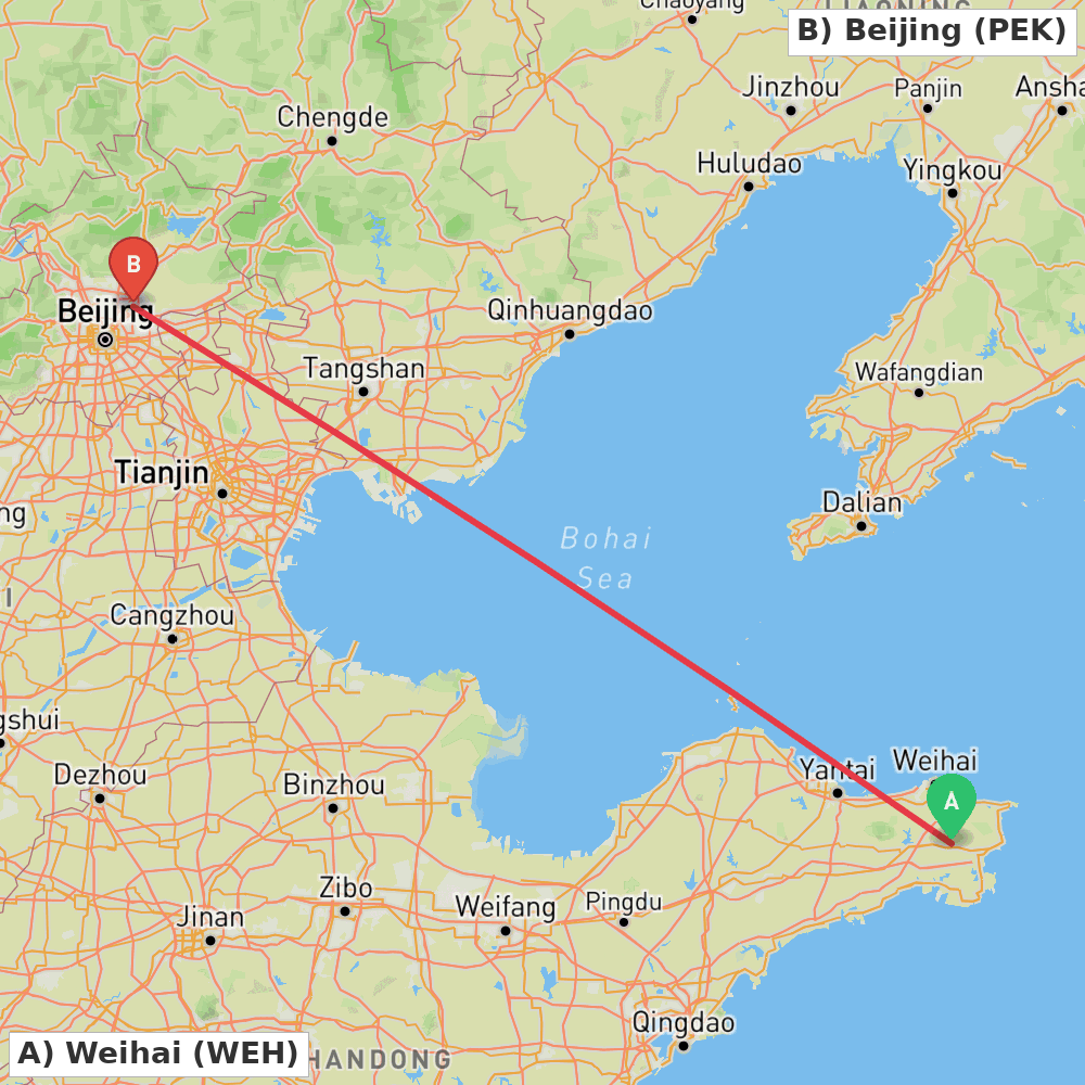 Flight route map from Weihai to Beijing
